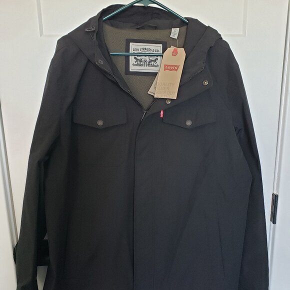 Men's Levi's Black Rain Jacket with hood- XL, New with Tag! - Picture 1 of 8